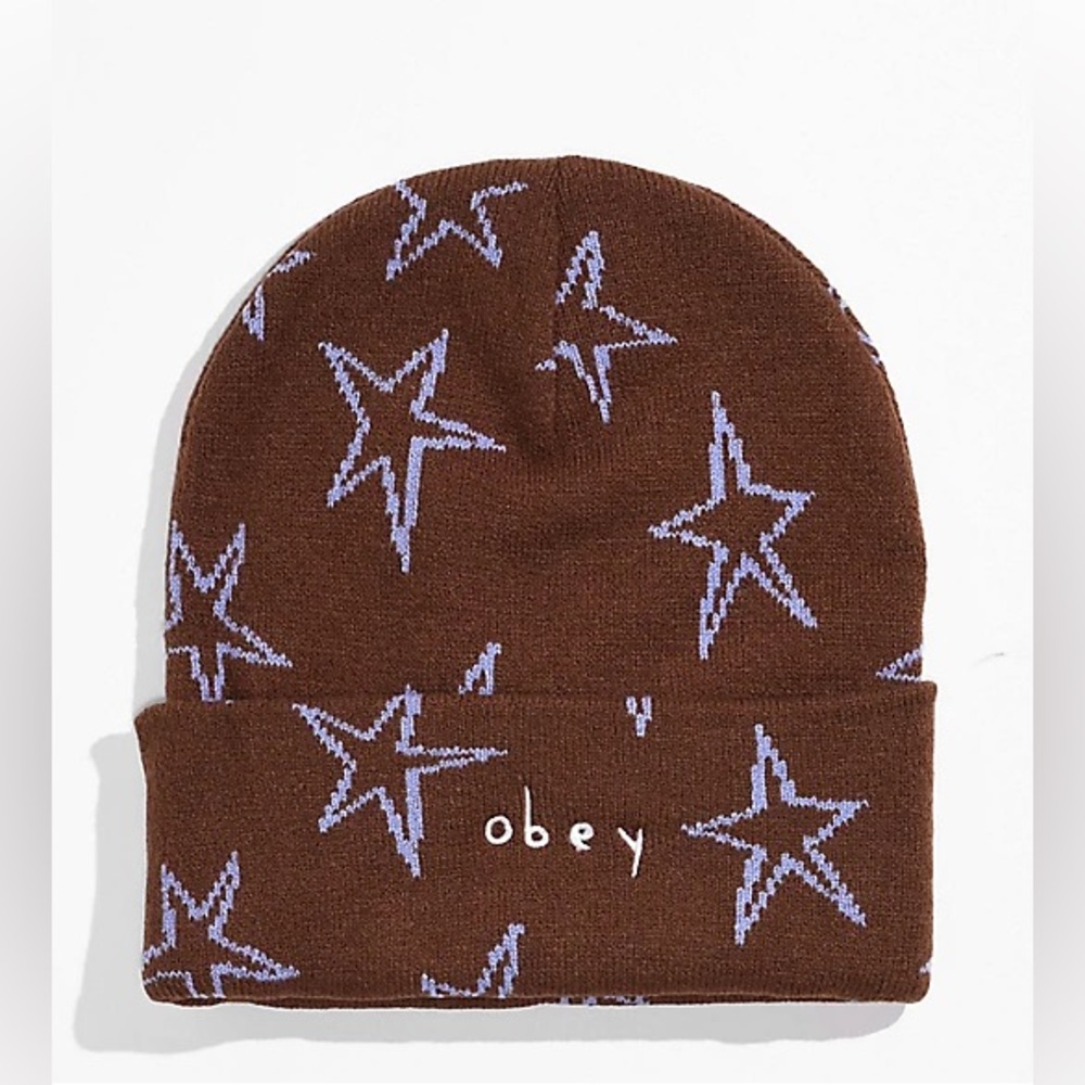 OBEY Stars Beanie Brown Powder Blue Graphic Stars Y2k